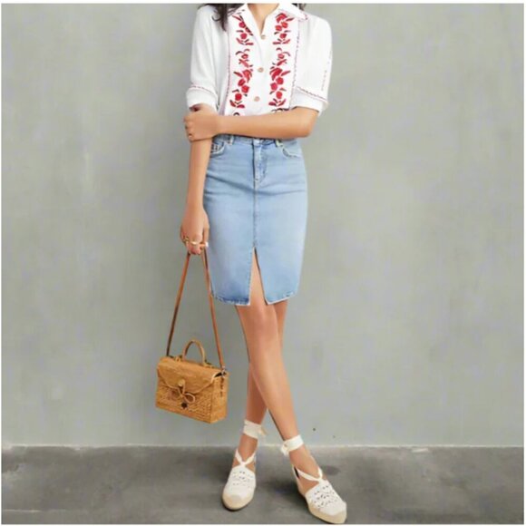 Anthropologie Pilcro Denim Skirt Womens 0 Blue Pencil Faded Slim Short Straight - Picture 5 of 5